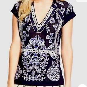 Tory Burch Navy Embroidered Short Sleeve Sweater